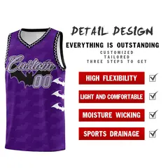 Purple Light Purple Bat Pattern Halloween Basketball Jersey 2