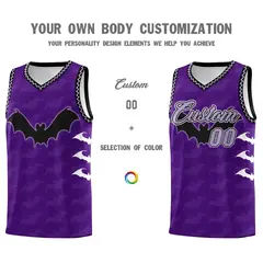 Purple Light Purple Bat Pattern Halloween Basketball Jersey 3