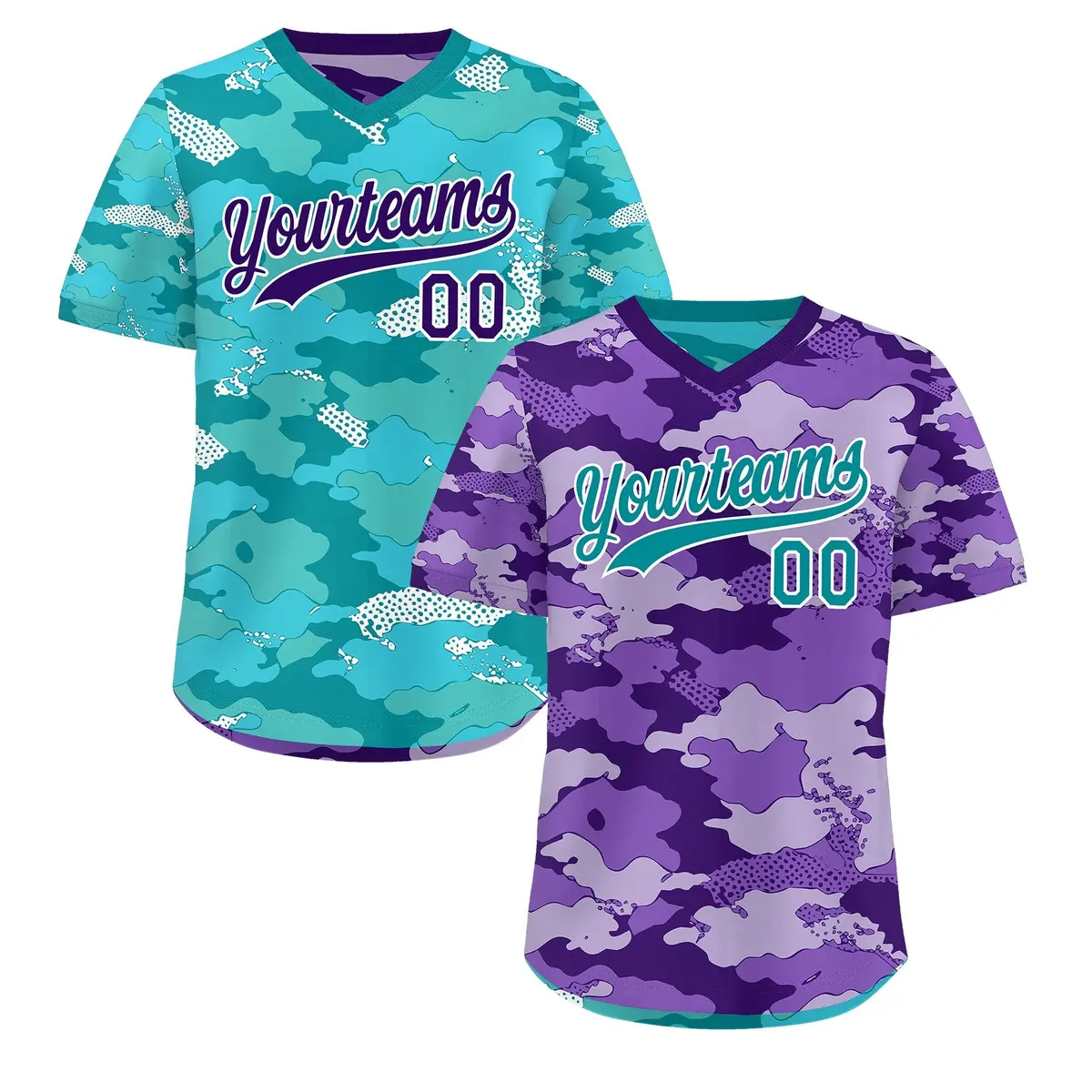 Purple Light Purple Bright Green Camo Reversible Pullover Baseball Jersey