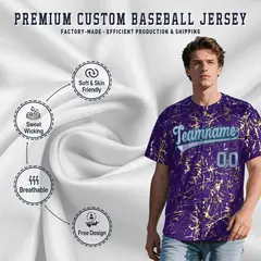 Purple Light Purple Metallic Gold Splatter Baseball Jersey 3