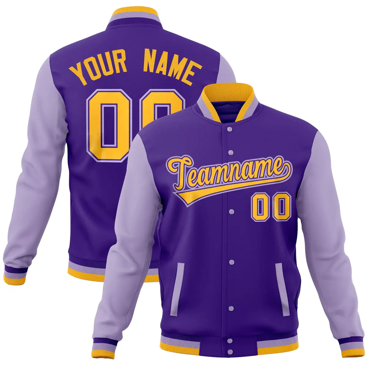 Purple Light Purple Raglan Full-Snap Varsity Letterman Baseball Jacket