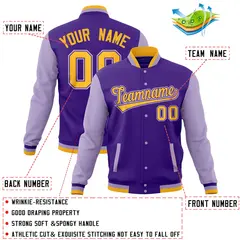 Purple Light Purple Raglan Full-Snap Varsity Letterman Baseball Jacket 4