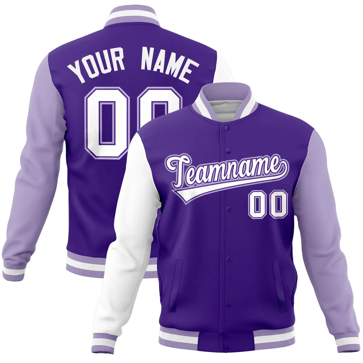Purple Light Purple-White Raglan Full-Snap Varsity Letterman Jacket