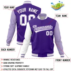 Purple Light Purple-White Raglan Full-Snap Varsity Letterman Jacket 4