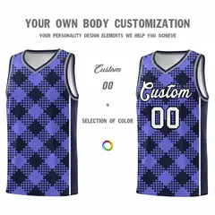 Purple Navy-White Grid Basketball Kits For Team 3
