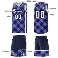 Purple Navy-White Grid Basketball Kits For Team 5