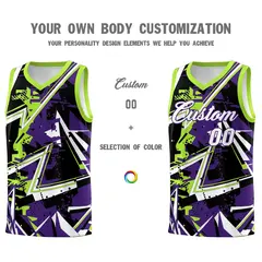 Purple Neon Green Abstract Graffiti Basketball Jersey 3