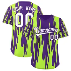 Purple Neon Green Flame Pattern Pullover Baseball Jersey 1