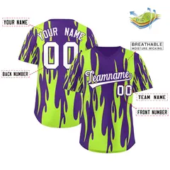 Purple Neon Green Flame Pattern Pullover Baseball Jersey 2