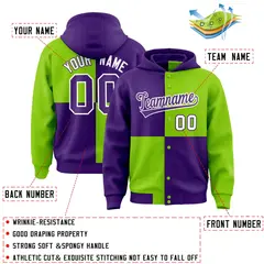 Purple Neon Green Four Squares Color Block Varsity Letterman Hoodie 4