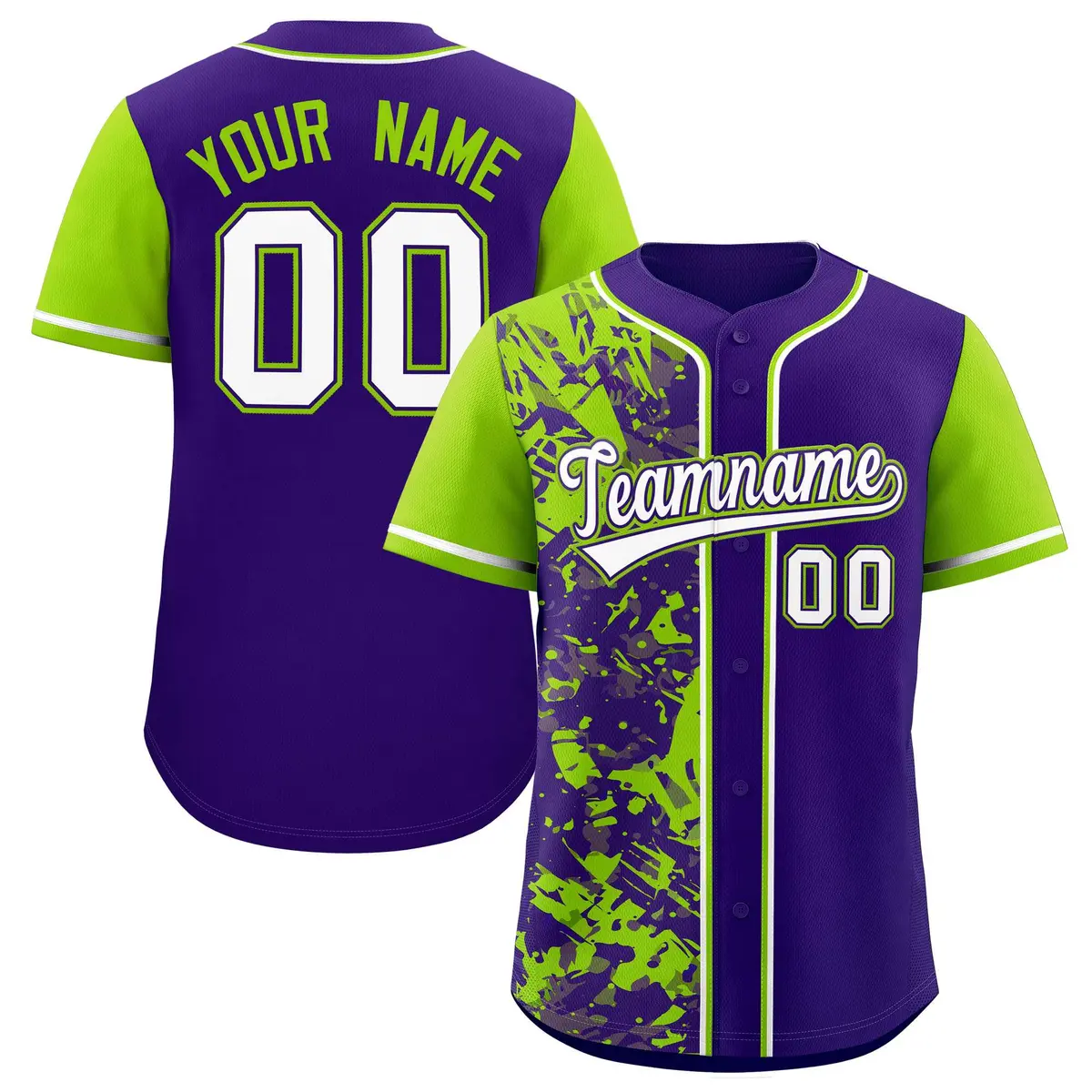 Purple Neon Green Graffiti Split Raglan Sleeve Baseball Jersey