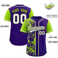 Purple Neon Green Graffiti Split Raglan Sleeve Baseball Jersey 2