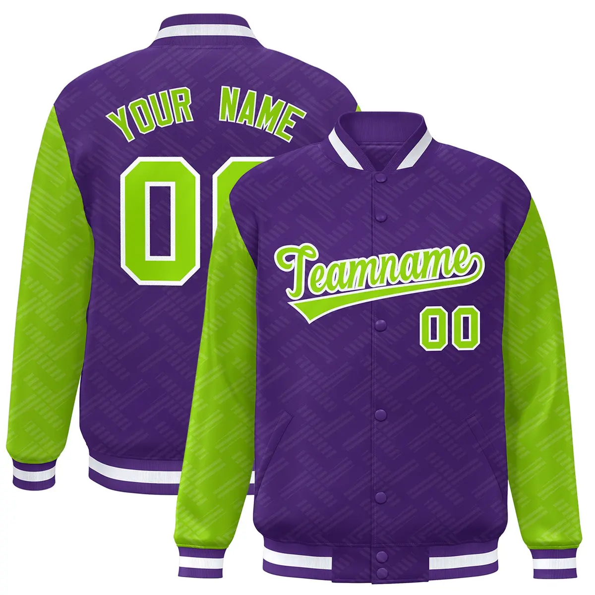 Purple Neon Green L Pattern Raglan Sleeves Full-Snap Varsity Jacket