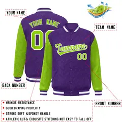 Purple Neon Green L Pattern Raglan Sleeves Full-Snap Varsity Jacket 2