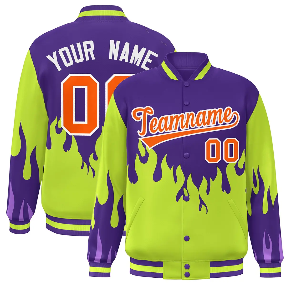 Purple Neon Green-Orange Flame Graffiti Bomber Varsity Full-Snap Jacket
