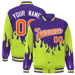 Purple Neon Green-Orange Flame Graffiti Bomber Varsity Full-Snap Jacket 1
