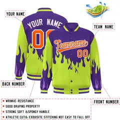 Purple Neon Green-Orange Flame Graffiti Bomber Varsity Full-Snap Jacket 2