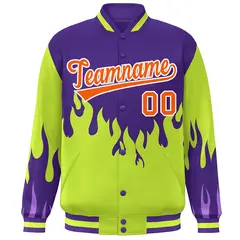 Purple Neon Green-Orange Flame Graffiti Bomber Varsity Full-Snap Jacket 3