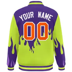 Purple Neon Green-Orange Flame Graffiti Bomber Varsity Full-Snap Jacket 4