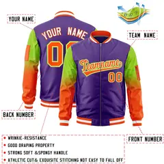 Purple Neon Green-Orange Gradient Raglan Varsity Full-Zip Letterman Bomber Jacket 2