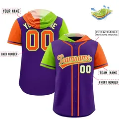 Purple Neon Green Orange Split Raglan Baseball Hoodie Jersey 2