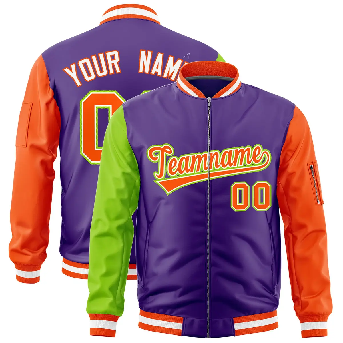 Purple Neon Green Orange Varsity Letterman Bomber Jacket Full-Zip Raglan