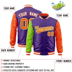 Purple Neon Green Orange Varsity Letterman Bomber Jacket Full-Zip Raglan 2