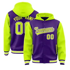 Purple Neon Green Raglan Varsity Full-Snap Letterman Jacket Hoodie 1
