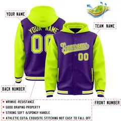 Purple Neon Green Raglan Varsity Full-Snap Letterman Jacket Hoodie 4