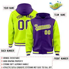 Purple Neon Green Raglan Varsity Full-Snap Letterman Jacket Hoodie 4