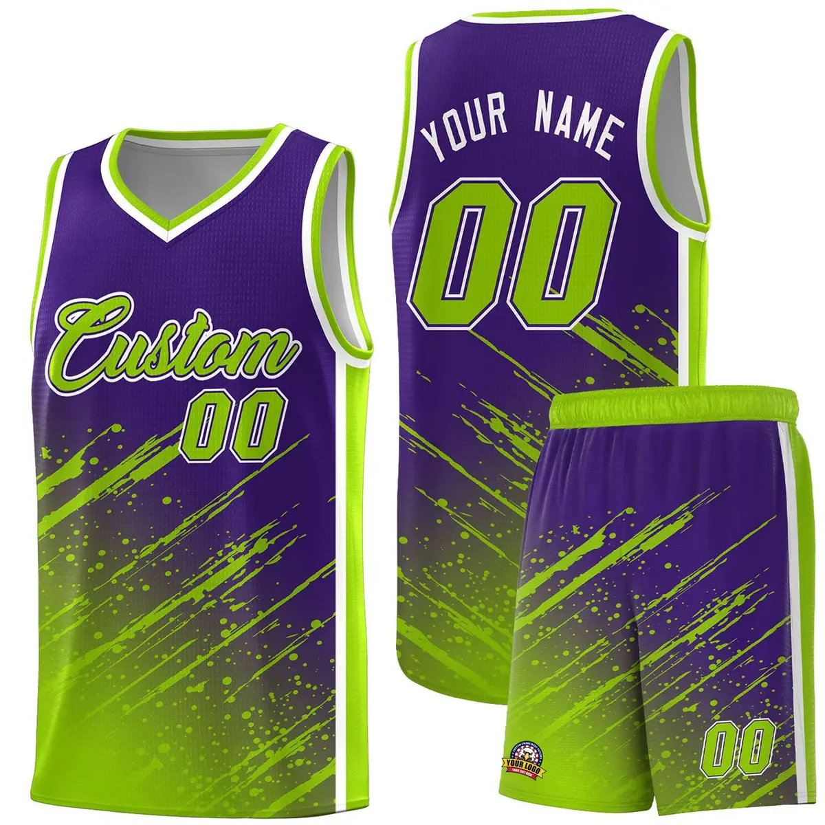 Purple Neon Green Splash Basketball Uniforms for Practice