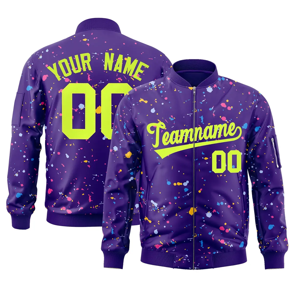 Purple Neon Green Varsity Full-Zip Splash Graffiti Letterman Jacket