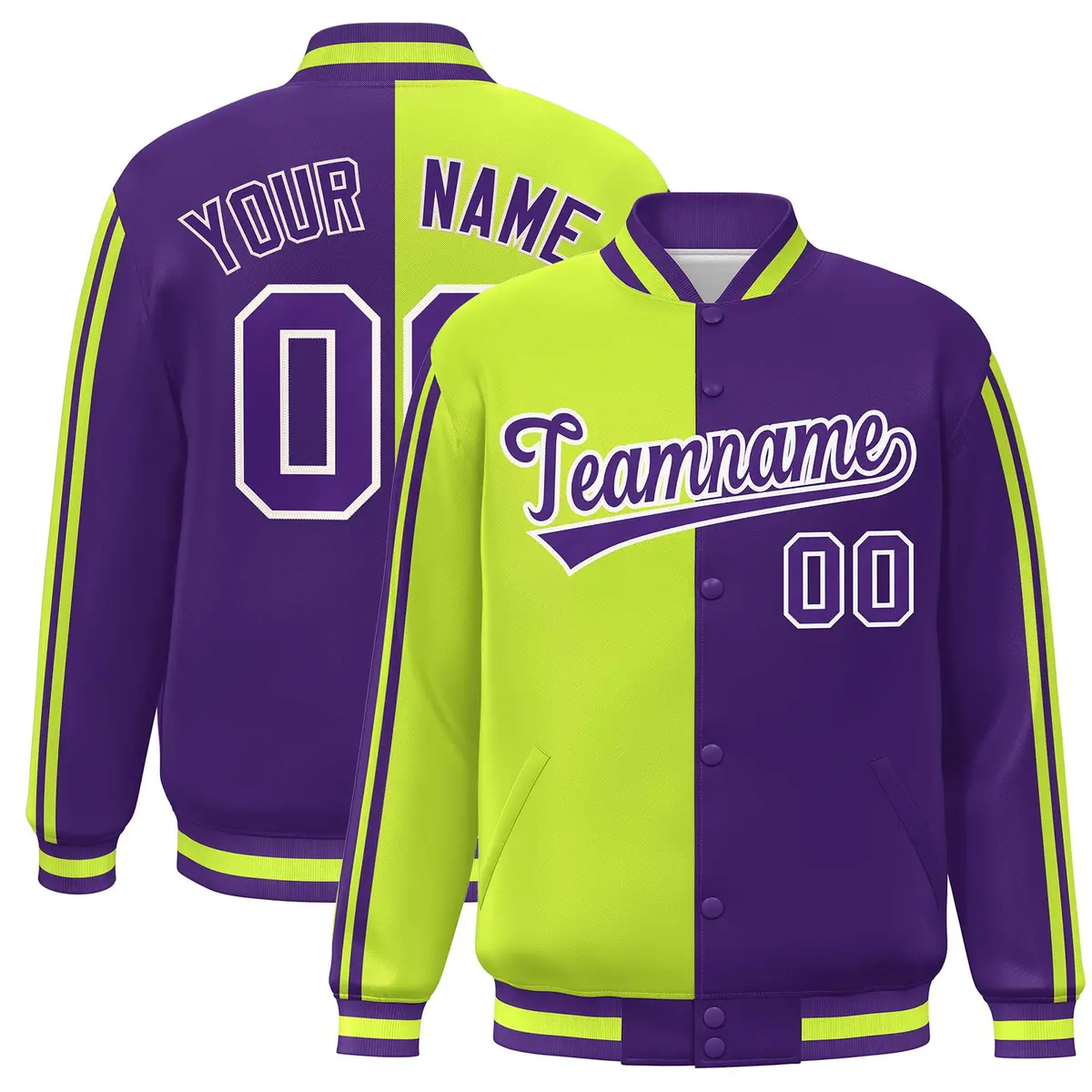 Purple Neon Green-White Color Block Varsity Baseball Bomber Jacket