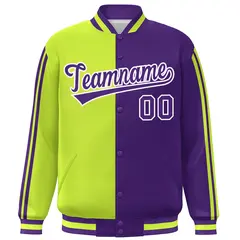 Purple Neon Green-White Color Block Varsity Baseball Bomber Jacket 3