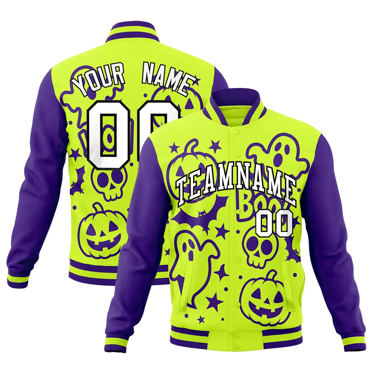 Purple Neon Green White Halloween Bats Pumpkins Ghost Letterman Jacket