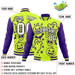 Purple Neon Green White Halloween Bats Pumpkins Ghost Letterman Jacket 2