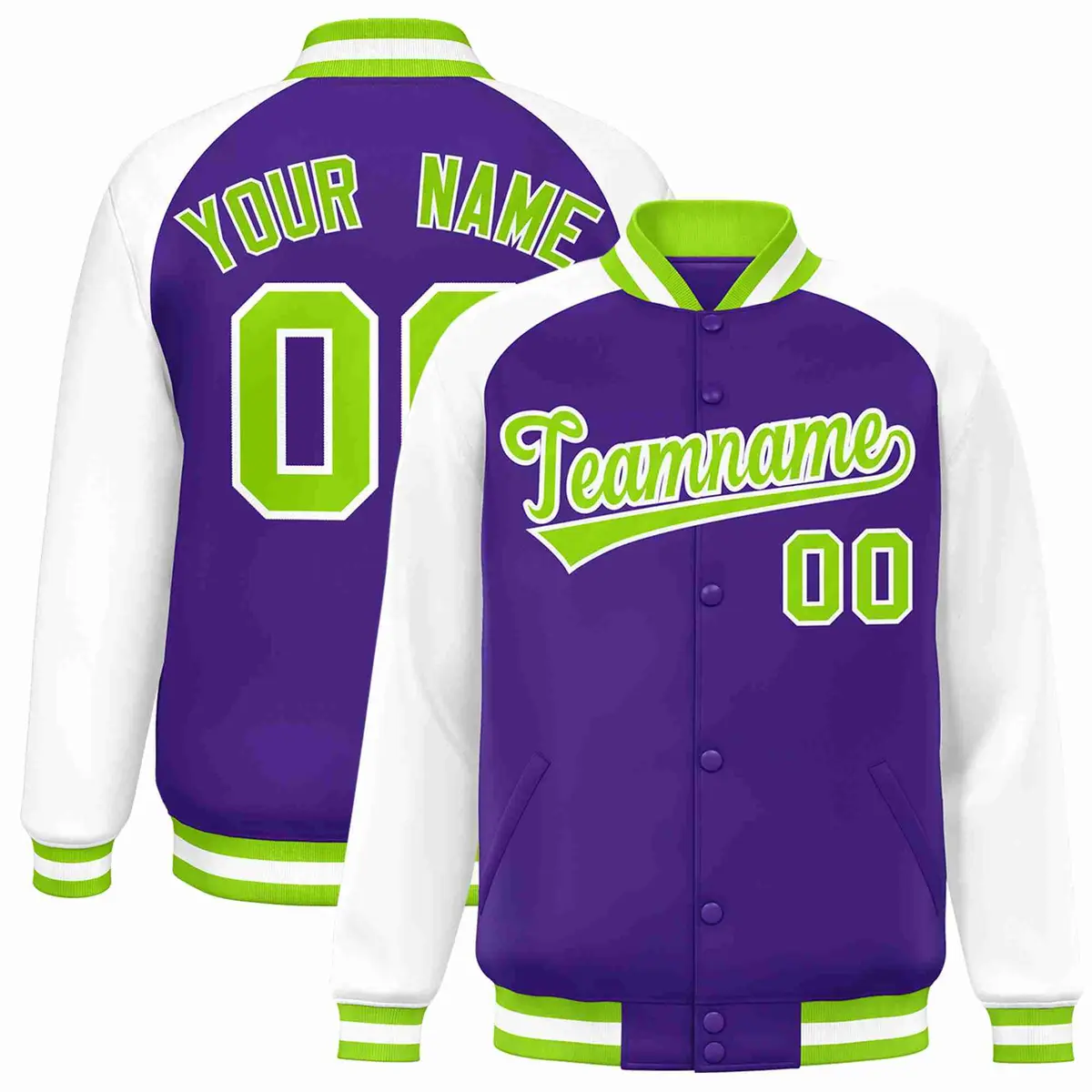 Purple Neon Green-White Raglan Varsity Letterman Full-Snap Jacket