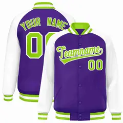 Purple Neon Green-White Raglan Varsity Letterman Full-Snap Jacket