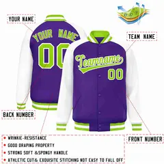 Purple Neon Green-White Raglan Varsity Letterman Full-Snap Jacket 2