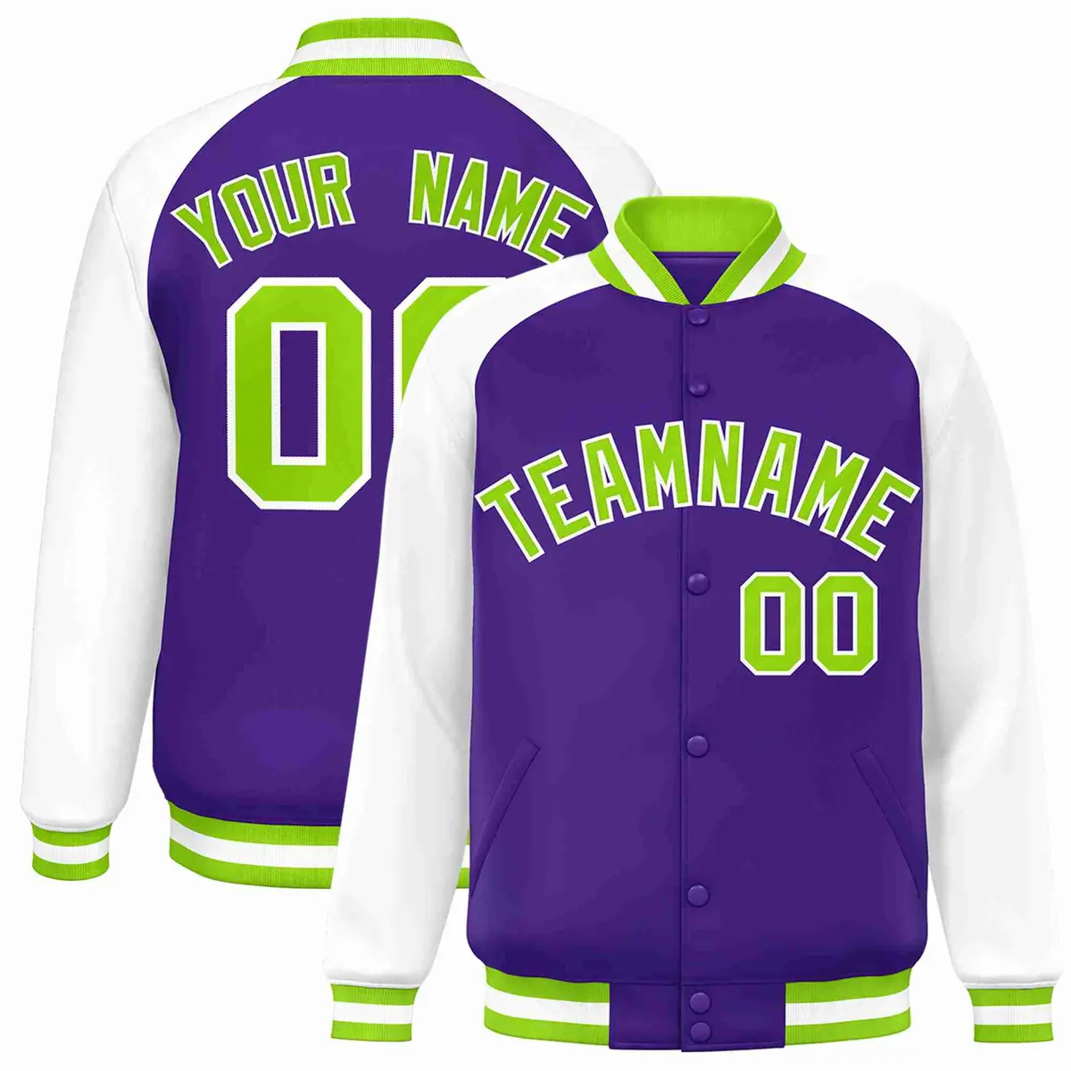 Purple Neon Green-White Raglan Varsity Letterman Full-Snap Jacket