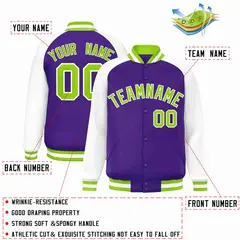 Purple Neon Green-White Raglan Varsity Letterman Full-Snap Jacket 2
