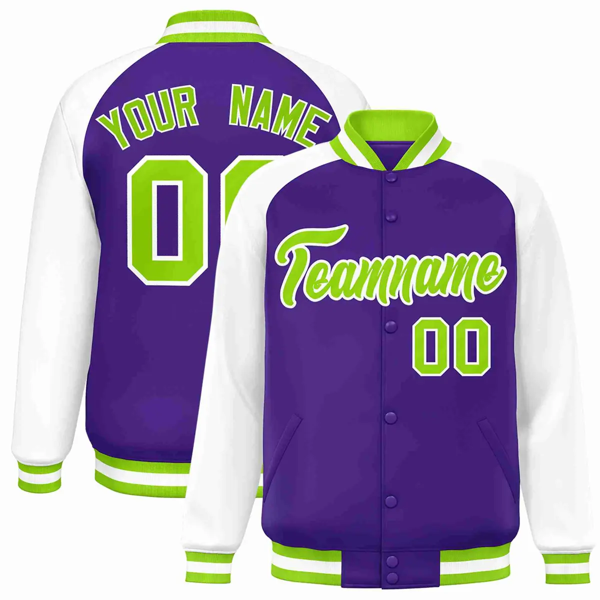 Purple Neon Green-White Raglan Varsity Letterman Full-Snap Jacket