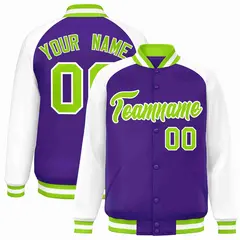 Purple Neon Green-White Raglan Varsity Letterman Full-Snap Jacket