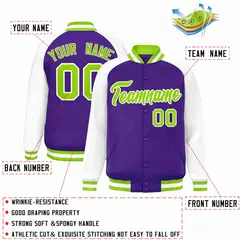 Purple Neon Green-White Raglan Varsity Letterman Full-Snap Jacket 2