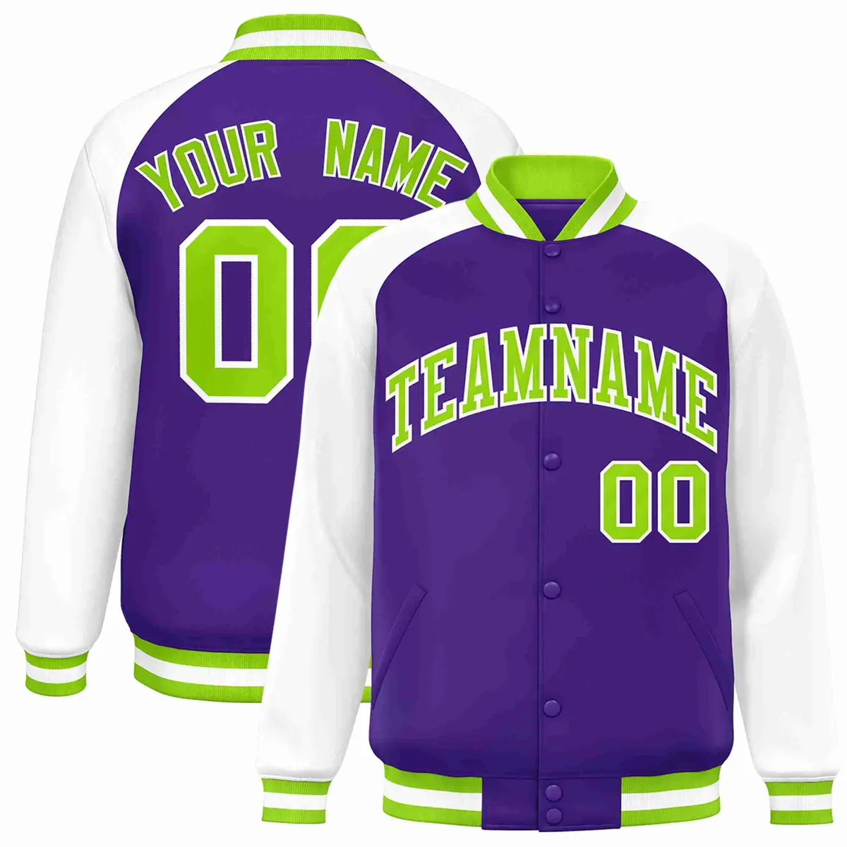 Purple Neon Green-White Raglan Varsity Letterman Full-Snap Jacket