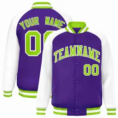 Purple Neon Green-White Raglan Varsity Letterman Full-Snap Jacket 1