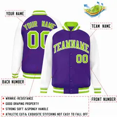 Purple Neon Green-White Raglan Varsity Letterman Full-Snap Jacket 2
