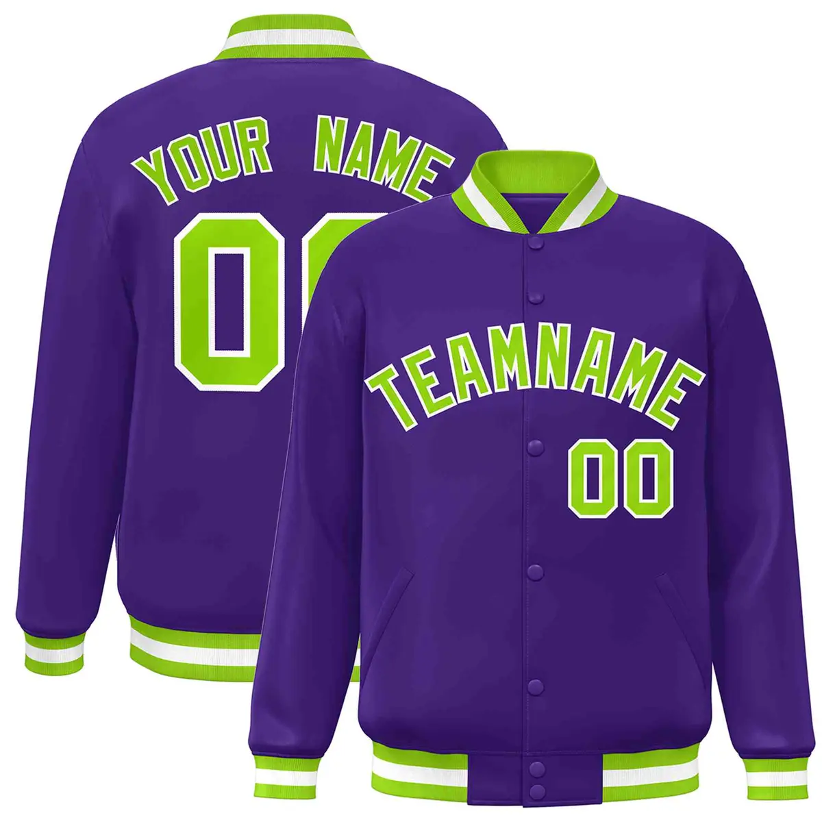 Purple Neon Green-White Varsity Full-Snap Letterman Jacket