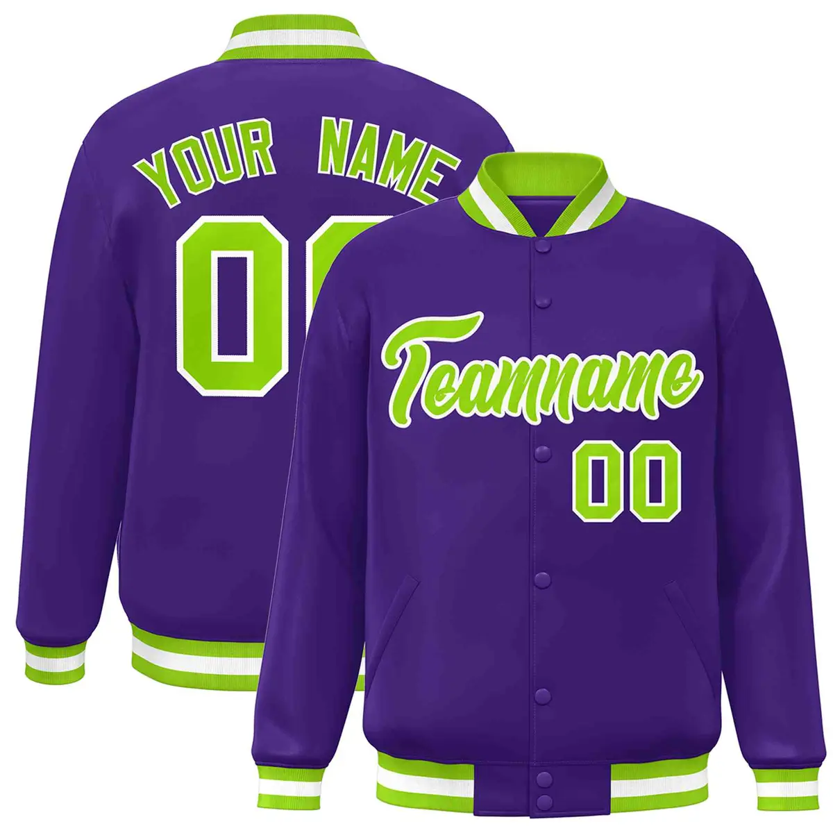 Purple Neon Green-White Varsity Full-Snap Letterman Jacket