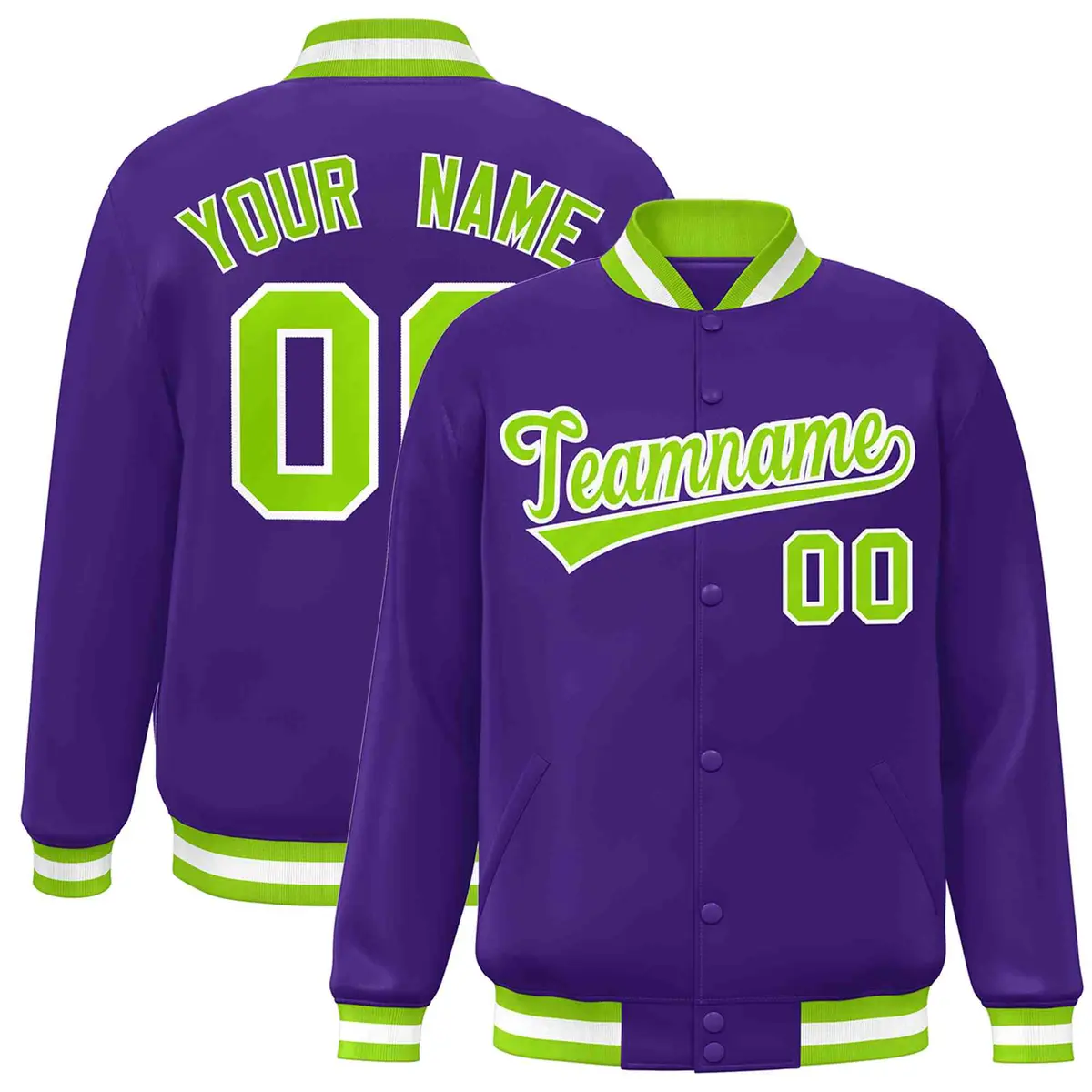 Purple Neon Green-White Varsity Full-Snap Letterman Jacket